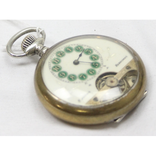 1338 - An early 20th century Hebdomas patent open face pocket watch, the white enamel face having reduced d... 