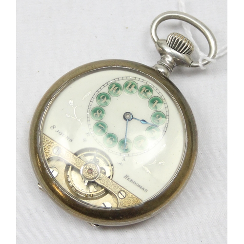 1338 - An early 20th century Hebdomas patent open face pocket watch, the white enamel face having reduced d... 