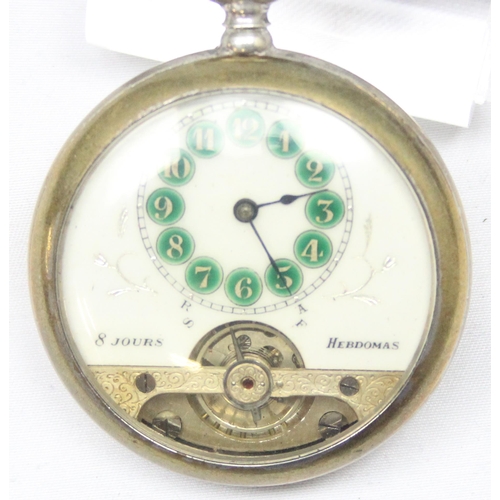 1338 - An early 20th century Hebdomas patent open face pocket watch, the white enamel face having reduced d... 