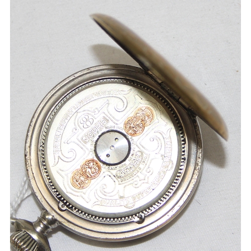 1338 - An early 20th century Hebdomas patent open face pocket watch, the white enamel face having reduced d... 