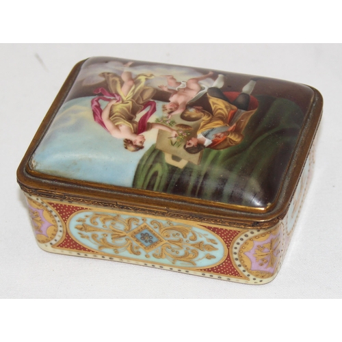 1600 - A 19th century hand painted and gilt porcelain box, possibly by Vienna, the outer lid decorated in t... 