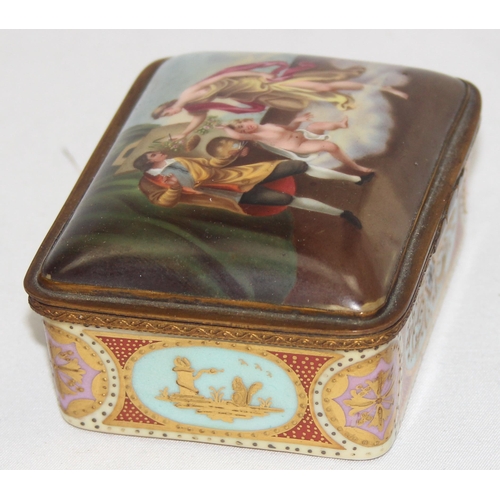 1600 - A 19th century hand painted and gilt porcelain box, possibly by Vienna, the outer lid decorated in t... 