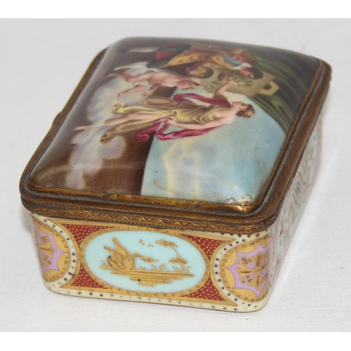 1600 - A 19th century hand painted and gilt porcelain box, possibly by Vienna, the outer lid decorated in t... 