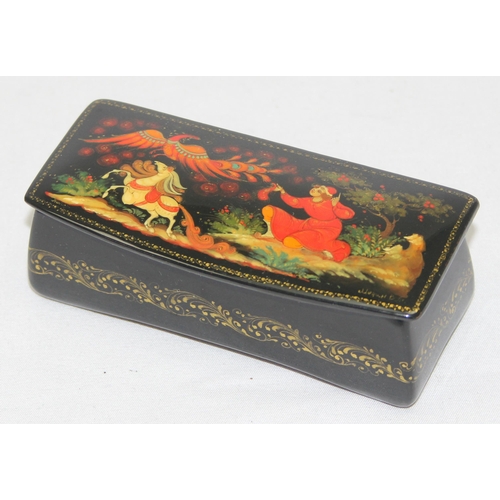 1604 - 2 vintage hand painted Russian wooden lacquer boxes and an antique leather covered jewellery box for... 