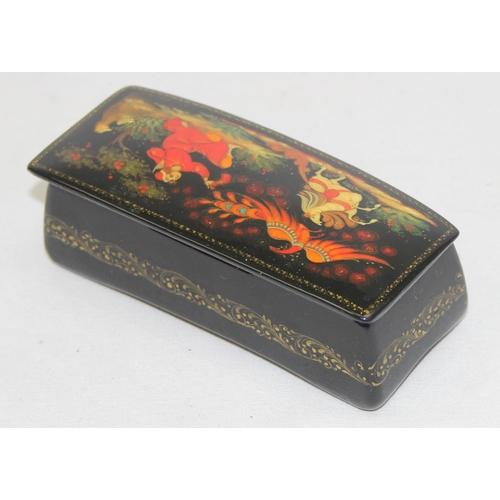 1604 - 2 vintage hand painted Russian wooden lacquer boxes and an antique leather covered jewellery box for... 