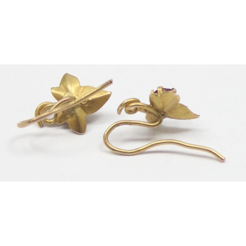 2291 - A pair of antique gold earrings formed as ivy leaves set with garnets, indistinctly marked but XRF t... 