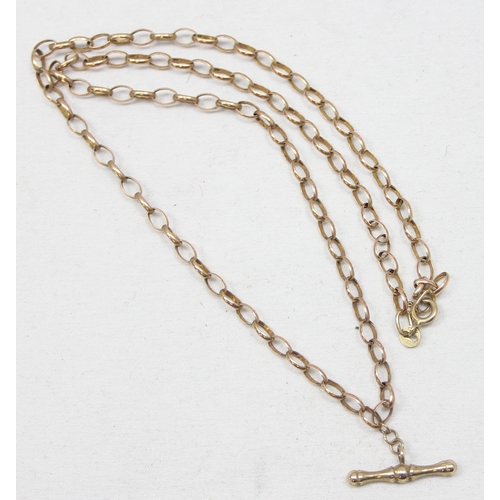 2297 - A long 9ct gold open link necklace with Albert chain T-Bar style pendant, marked 375 and XRF confirm... 