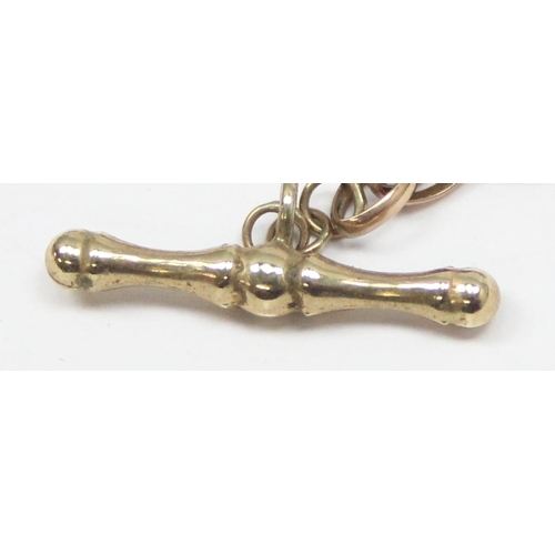 2297 - A long 9ct gold open link necklace with Albert chain T-Bar style pendant, marked 375 and XRF confirm... 