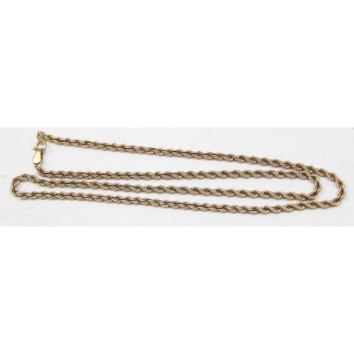 2299 - A 9ct gold rope twist necklace, marked 375 and XRF confirmed, approx 44cm long, approx 2.85g gross