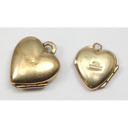 2320 - 2 vintage 9ct gold pendant lockets or charms formed as hearts with engraved decoration, marked and X... 