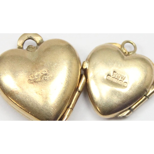 2320 - 2 vintage 9ct gold pendant lockets or charms formed as hearts with engraved decoration, marked and X... 