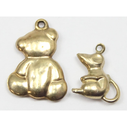 2321 - 2 vintage 9ct gold pendants or charms formed as a teddy bear and a mouse, both unmarked but XRF conf... 