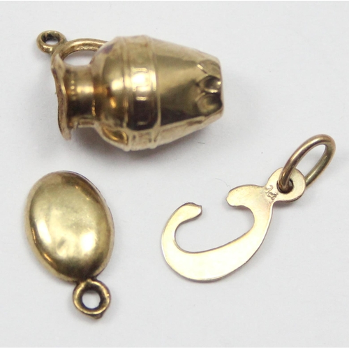 2322 - 3 vintage 9ct gold pendants or charms formed as a jug, a coffee bean and a C, all XRF confirmed, app... 