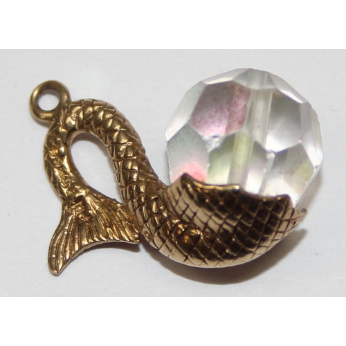 2328 - 2 vintage 9ct gold mounted charms, a tooth shaped glass vial filled with gold leaf and a crystal orb... 