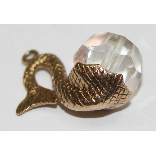 2328 - 2 vintage 9ct gold mounted charms, a tooth shaped glass vial filled with gold leaf and a crystal orb... 