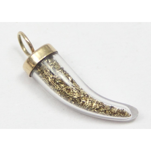 2328 - 2 vintage 9ct gold mounted charms, a tooth shaped glass vial filled with gold leaf and a crystal orb... 