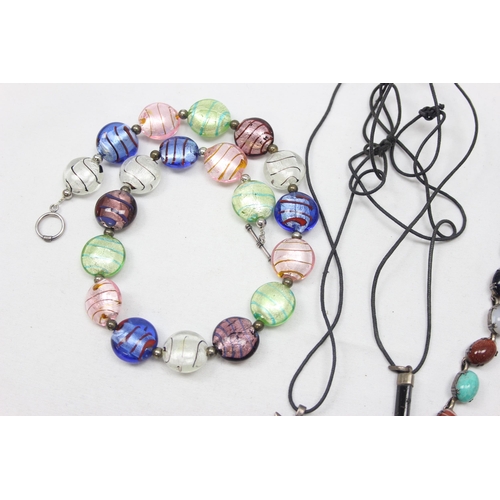 2375 - A silver mounted and Murano glass bead necklace, a semi-precious cabochon stone bracelet, a silver a... 