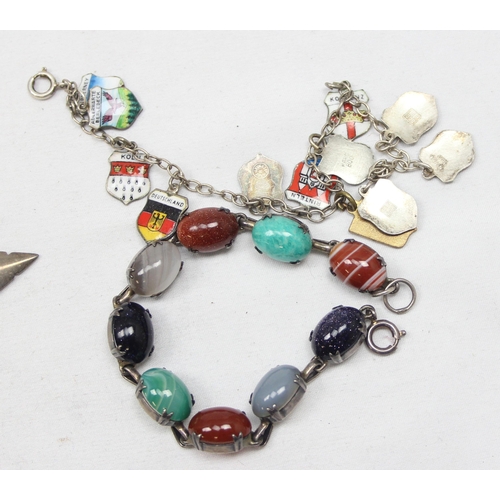 2375 - A silver mounted and Murano glass bead necklace, a semi-precious cabochon stone bracelet, a silver a... 