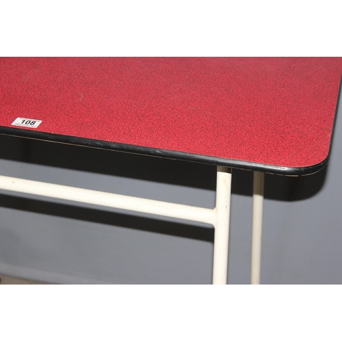 108 - Retro red Formica topped kitchen table on white metal legs, approx 92cm W x 60cm D x 77cmm H