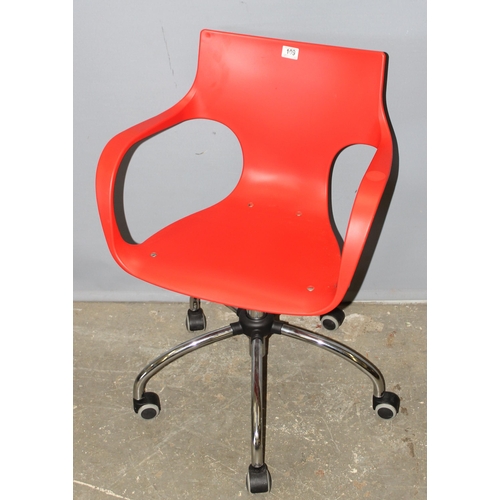 109 - Eames style adjustable red polypropylene office swivel chair on chrome base