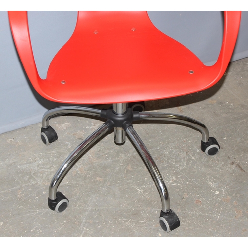 109 - Eames style adjustable red polypropylene office swivel chair on chrome base