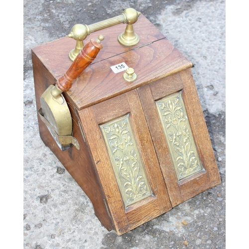 26 - Oak and brass coal scuttle with Art Nouveau panels and original shovel, approx 40cm W x 31cm D 40cm ... 