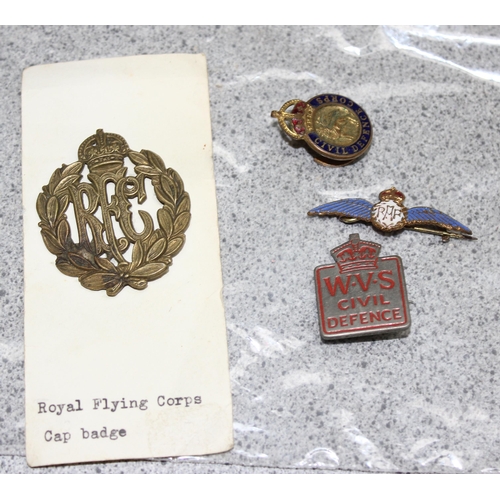 1413 - Mixed military lot to incl postcards, Royal Flying Corps cap badge and a RAF Sweetheart brooch