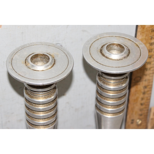 1414 - Pair of industrial turned metal candlesticks - possibly made from reclaimed aircraft struts/rods - s... 