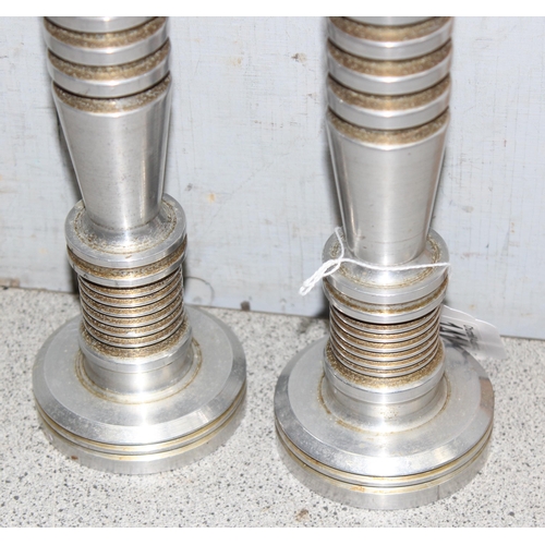 1414 - Pair of industrial turned metal candlesticks - possibly made from reclaimed aircraft struts/rods - s... 