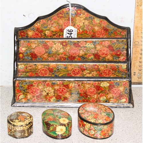 1646 - Kashmiri style items to incl letter rack (25cm x 20cm) and trinket pots