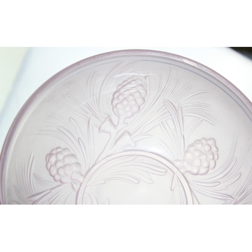 1651 - 2 different shaped early 20th century frosted Jobling bowls, both with fir cone design, one in pink,... 