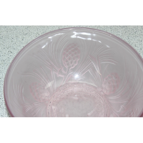 1651 - 2 different shaped early 20th century frosted Jobling bowls, both with fir cone design, one in pink,... 