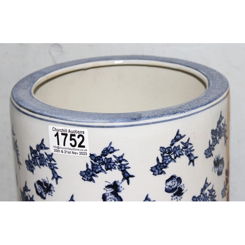 1752 - Large blue and white ceramic stick/umbrella stand, approx 47cm tall