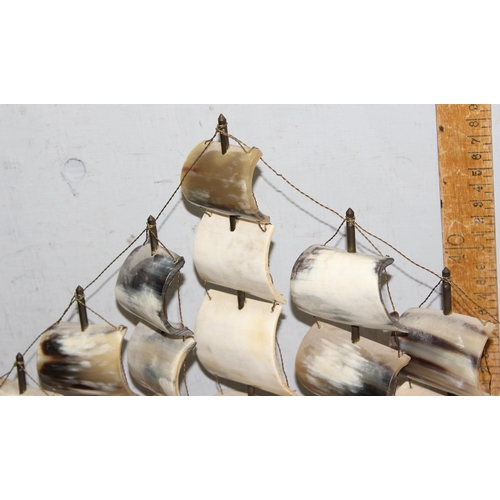 1754 - Large vintage bovine horn seven mast model of a sailing ship on stand, approx 50cm x 50cm