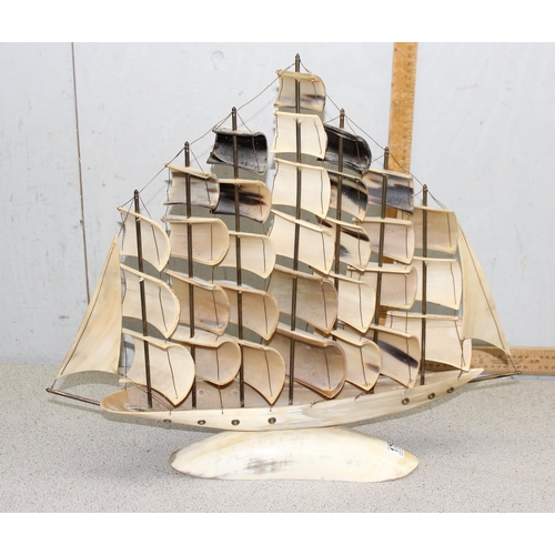 1754 - Large vintage bovine horn seven mast model of a sailing ship on stand, approx 50cm x 50cm