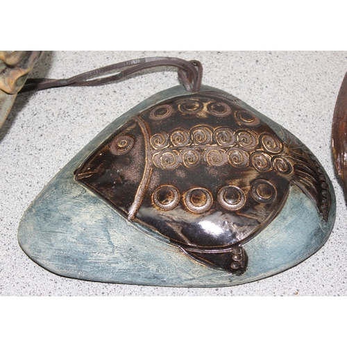 1756 - Three pieces of retro studio pottery consisting of two strap handled circular chargers and an Isles ... 