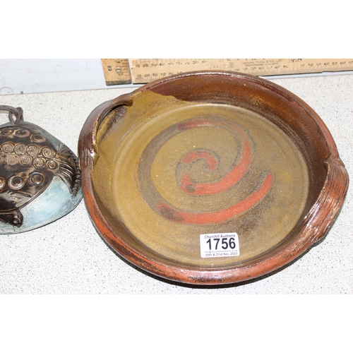 1756 - Three pieces of retro studio pottery consisting of two strap handled circular chargers and an Isles ... 