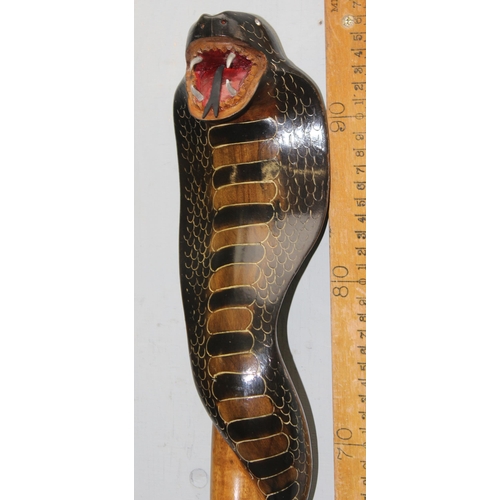 1757 - Hand carved and painted realistic entwined Cobra wooden walking stick with meta tip, approx 100cm ta... 