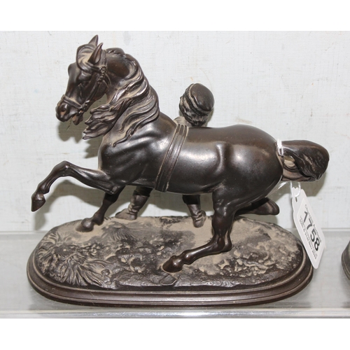 1758 - Early 19c Staffordshire hand painted hunting greyhound on textured plinth, and two French 19c cast m... 