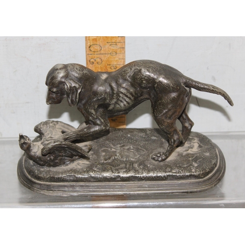 1758 - Early 19c Staffordshire hand painted hunting greyhound on textured plinth, and two French 19c cast m... 