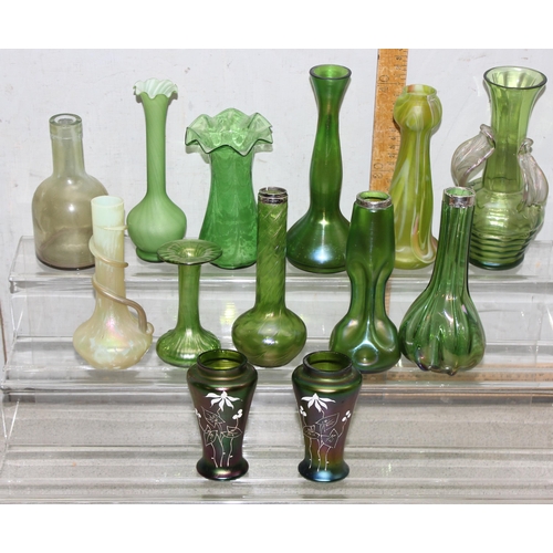 1759 - Assorted green glass items, some iridescent and some with silver rims