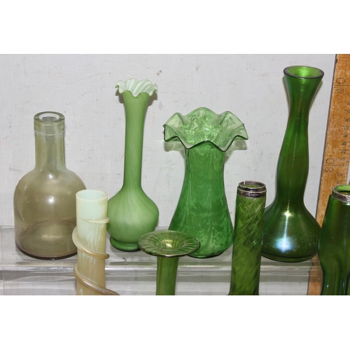 1759 - Assorted green glass items, some iridescent and some with silver rims