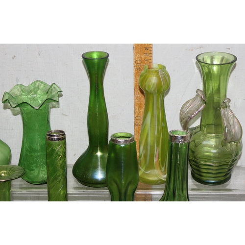 1759 - Assorted green glass items, some iridescent and some with silver rims