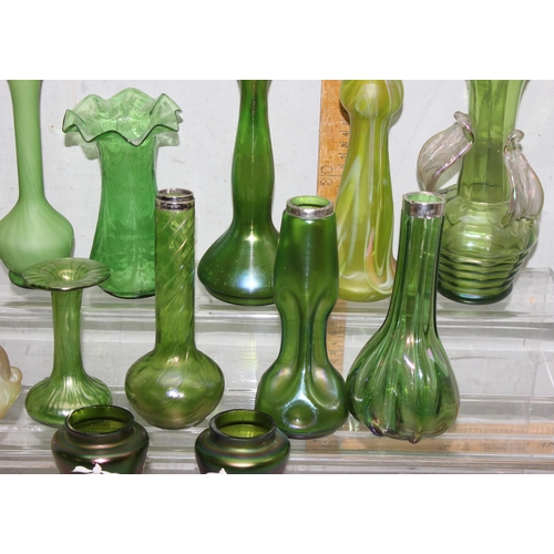 1759 - Assorted green glass items, some iridescent and some with silver rims