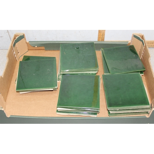 1760 - Box of 34 Minton Hollis ceramic green square fireplace/wall tiles. 15cm x 15cm each