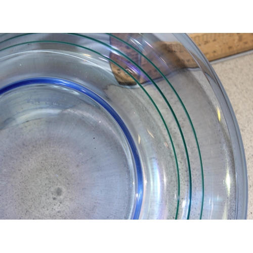 1764 - Large blue iridescent glass bowl, approx 31cm diameter