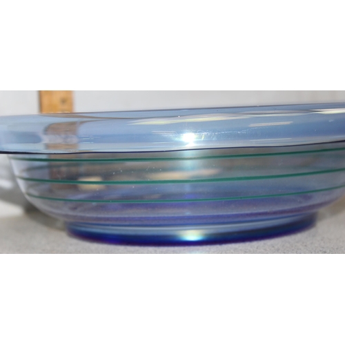 1764 - Large blue iridescent glass bowl, approx 31cm diameter