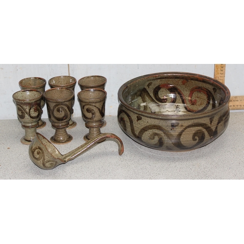 1765 - Earthenware punch bowl set to incl 6 goblets and ladle, punch bowl approx 30cm diameter