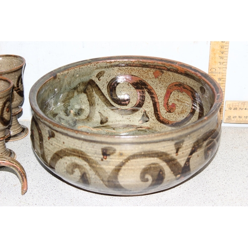 1765 - Earthenware punch bowl set to incl 6 goblets and ladle, punch bowl approx 30cm diameter