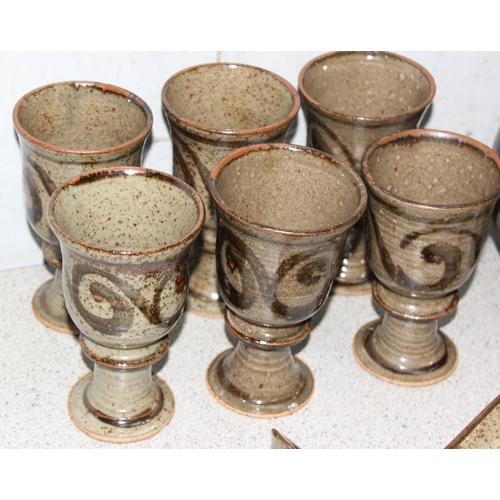 1765 - Earthenware punch bowl set to incl 6 goblets and ladle, punch bowl approx 30cm diameter